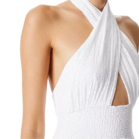 Alice + Olivia Lyndon Tiered Maxi Dress Cross Front Halter Eyelet Lace Open Back - Picture 3 of 14